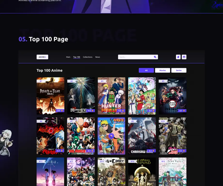 Antarmuka platform streaming dengan gambar mini anime