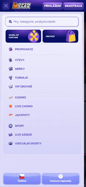 Hlavní menu s promoakcemi, turnaji a VIP úrovněmi na webu Spinbara